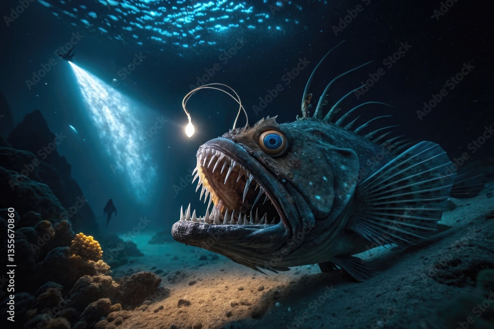 Fototapeta premium Deep sea anglerfish with glowing lure and sharp teeth in dark ocean with scuba diver and light beam