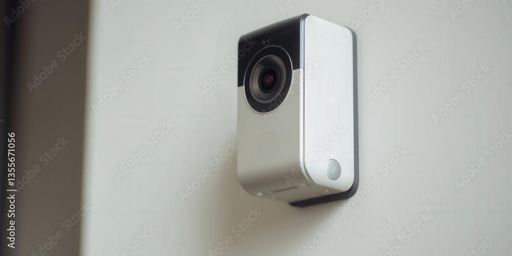Security camera mounted on a wall, provides surveillance in an indoor setting Security camera mounted on a wall, provides surveillance in an indoor setting