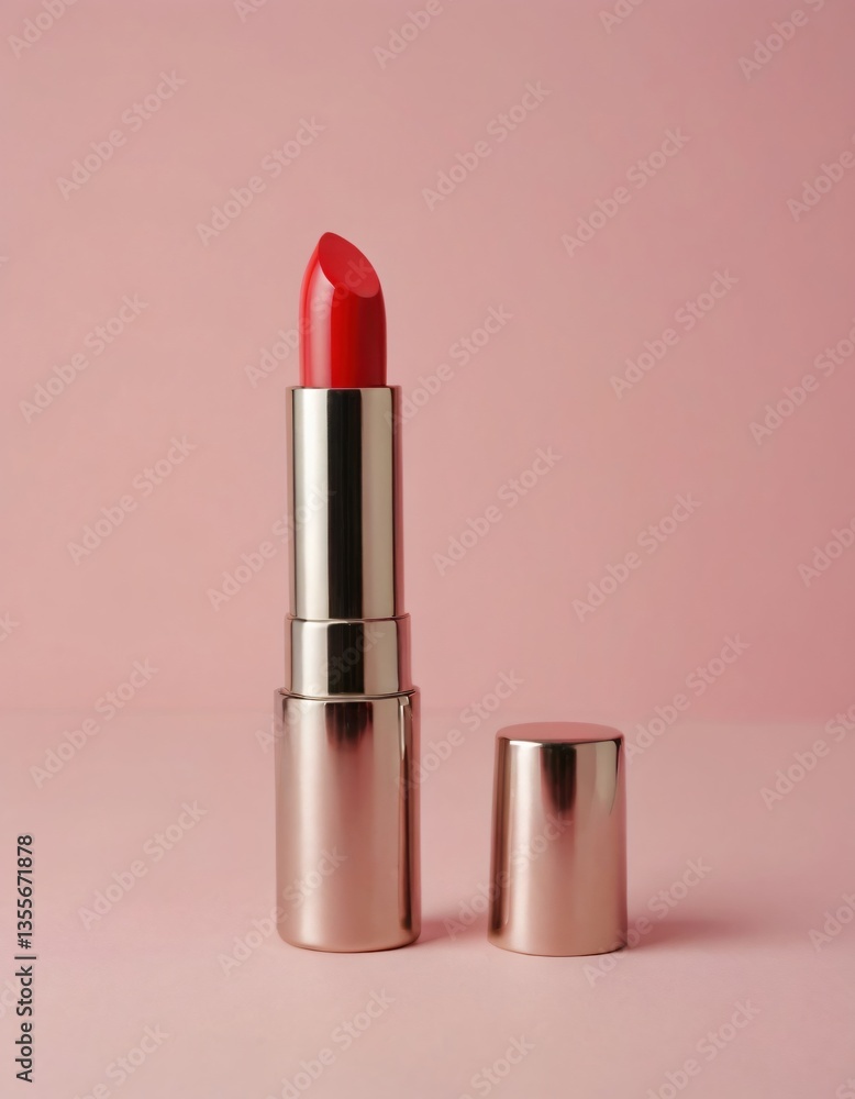 Obraz premium single shiny red lipstick tube standing upright on a plain pastel pink background bold and glamorous (2)