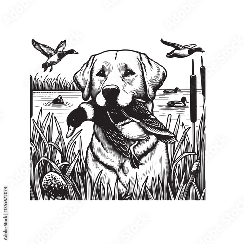Vector Labrador hunting duck in its mouth logo and T-shirt design