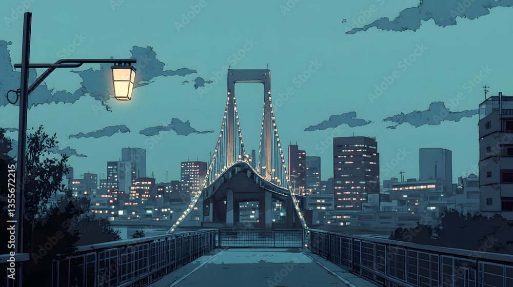 Fototapeta premium Bridges Japan lo-fi cartoonish style