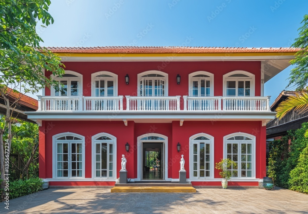 A beautiful two-story villa, with red and yellow walls and orange accents, surrounded by green lawns. A beautiful two-story villa, with red and yellow walls and orange accents, surrounded by green lawns.