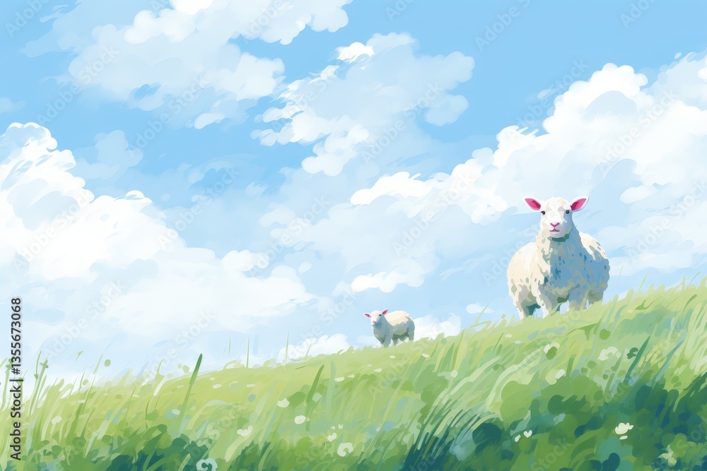 Naklejka premium Sheep graze on green hill under a bright blue sky with puffy clouds. Countryside scenery in an illustration