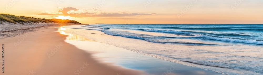 A serene beach at sunset with gentle waves lapping the shore, casting a warm glow over the sand and creating a peaceful atmosphere. A serene beach at sunset with gentle waves lapping the shore, casting a warm glow over the sand and creating a peaceful atmosphere.