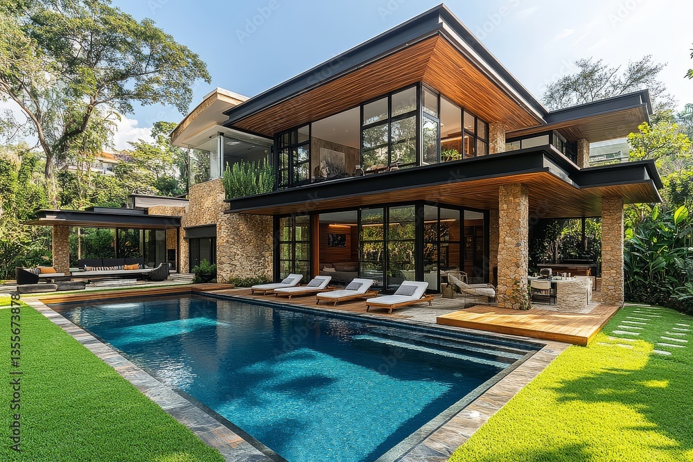 Fototapeta premium Modern home with large pool, outdoor lounge chairs on lush grass, wood accents, stone walls, and glass windows, offering an elegant and inviting atmosphere.