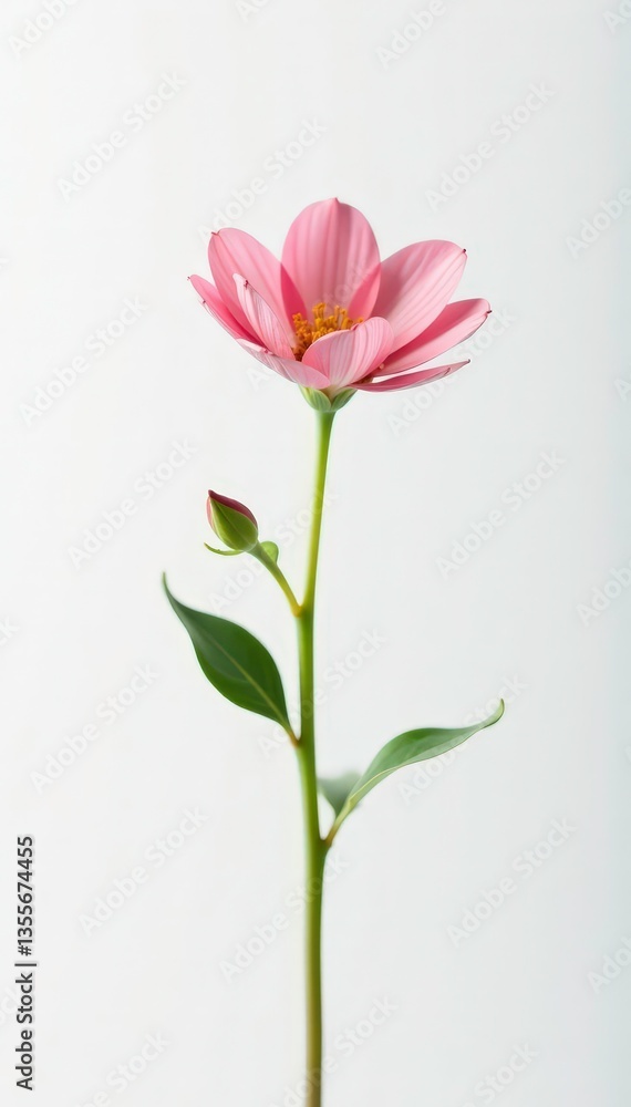 A single stem of a small, flowering plant against white background, botanical, petals, bloom A single stem of a small, flowering plant against white background, botanical, petals, bloom