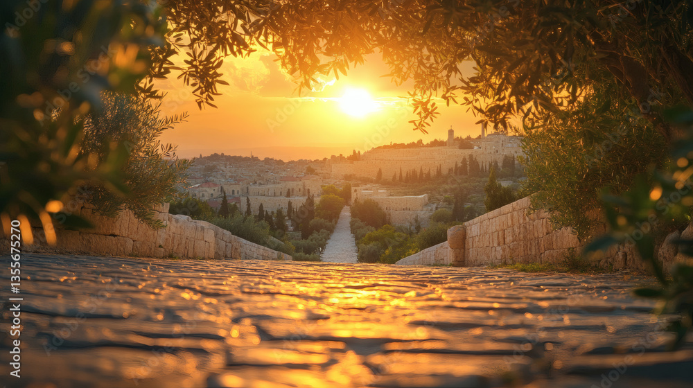Fototapeta premium Jerusalem Old City At Sunset With Golden Sky View From Stone Pathway and Trees