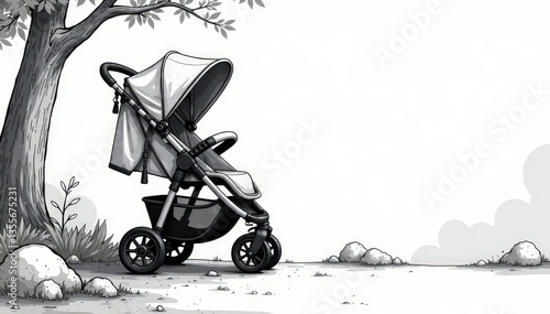 Bold, graphic stroller line art, black and white , repeat, texture, print