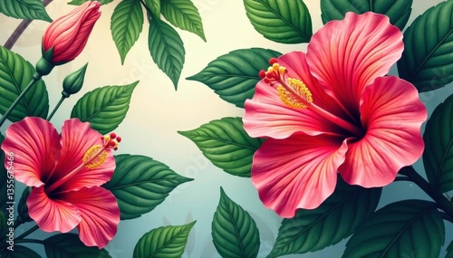 Wallpaper Mural Bold hibiscus & tropical foliage, vibrant repeat, digital, texture Torontodigital.ca