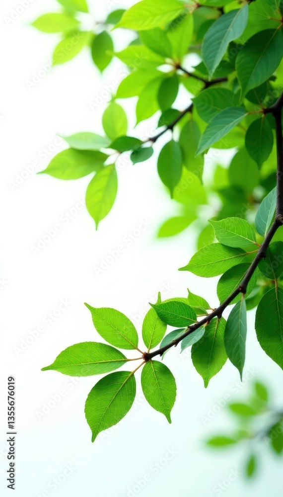 Naklejka premium Branches with green leaves isolated on white background, trees branches green leaves white, minimalist