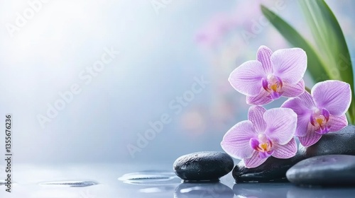 A serene arrangement of purple orchids with smooth black stones, creating a tranquil atmosphere against a soft, blurred background.