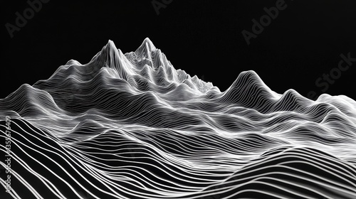 Abstract 3D Mountain Landscape with Flowing Lines and Black Background