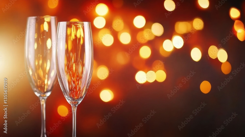 Two elegant champagne glasses reflect warm bokeh lights, setting a celebratory mood for a special evening event Two elegant champagne glasses reflect warm bokeh lights, setting a celebratory mood for a special evening event