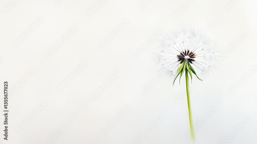 Obraz premium A delicate dandelion puff stands elegantly against a minimalistic background, showcasing its intricate seed structure and natural beauty.