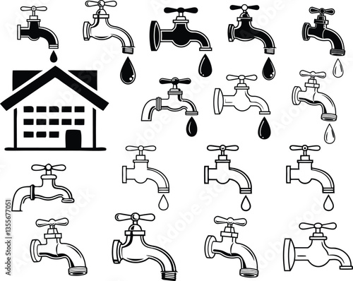 set of water faucet, Set of Water Taps with Dripping Drops and House Icon in Black and White