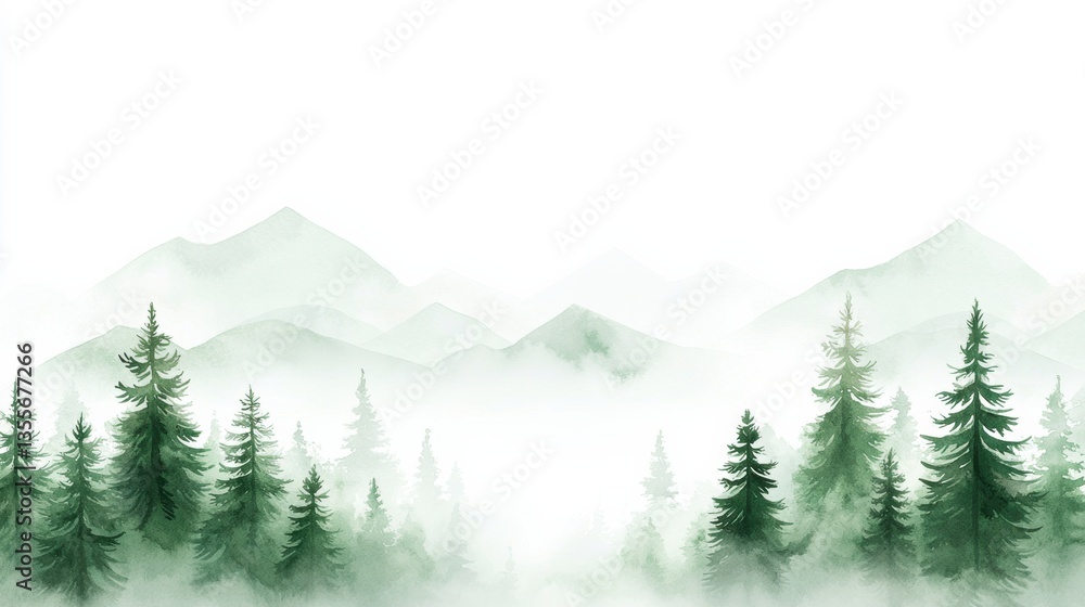 Fototapeta premium A serene watercolor landscape featuring misty mountains and lush evergreen trees, evoking a sense of tranquility and connection to nature.
