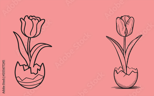 Tulip Emerging from Cracked Egg in Line Art Style