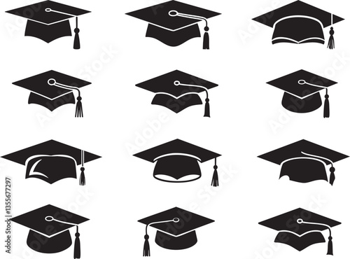 graduation cap icon set, Graduation Cap Silhouette Collection - Minimalist Black Icons, Minimalist Graduation Cap Silhouettes - Black Icon Set
