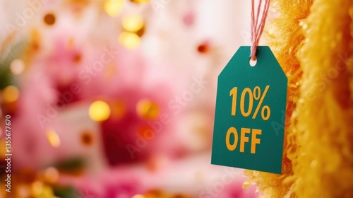 A brightly colored tag shows a 10% discount, hanging amidst festive decorations and confetti in a lively atmosphere