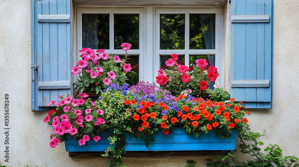 Fototapeta premium Vibrant Petunias in a Blue Window Box on a Rustic Building
