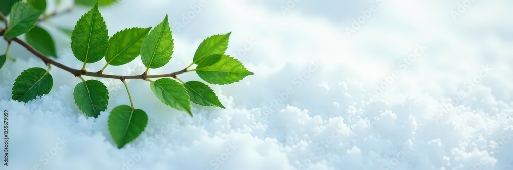 Fototapeta premium Delicate branches with leaves on a snowy white surface, leaf, isolated, foliage