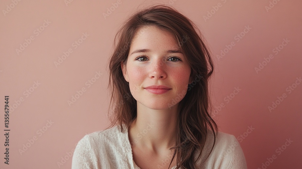Fototapeta premium Portrait of an attractive young woman, looking at the camera with a neutral expression and a slight smile on her face against a pink background. 