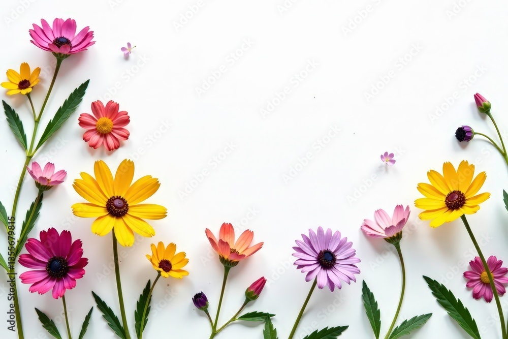 Fototapeta premium Delicate scattered wildflowers on white background, petals, floral