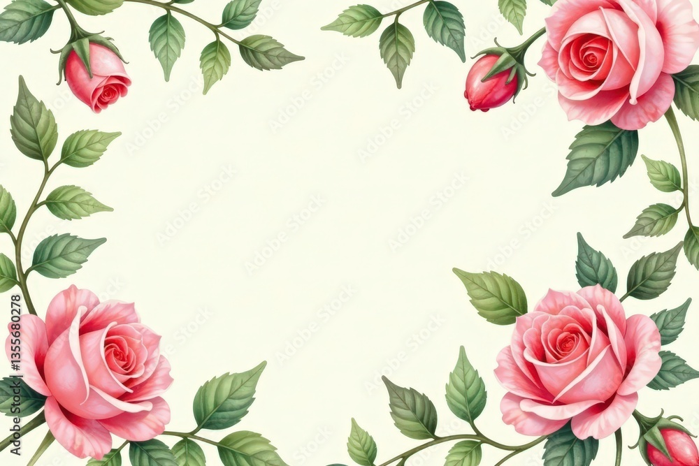 Naklejka premium Delicate watercolor roses, climbing ivy, on a cream background , floral pattern, romantic