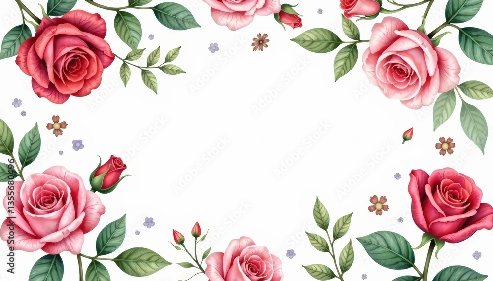 Fototapeta premium Delicate watercolor roses & leaves, repeating pattern, surface, fabric