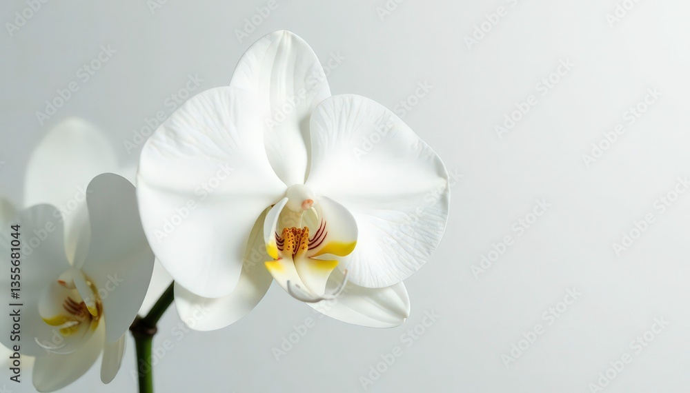 Obraz premium Delicate white orchid blossom on pure white backdrop, spa, isolated, studio
