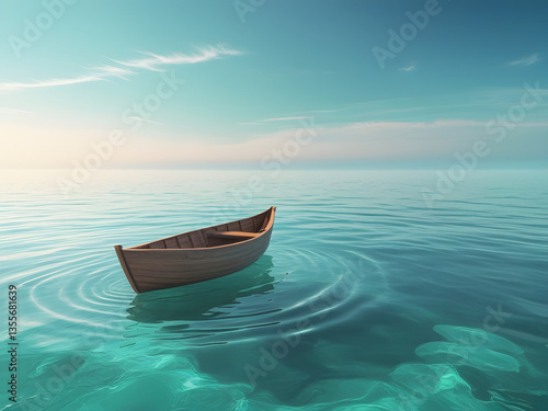 small wooden boat gently floating on a calm, crystal clear ocean