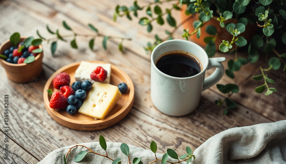 A cup of coffee, cheese and berries in bowls on a wooden table healthy food A cup of coffee, cheese and berries in bowls on a wooden table healthy food