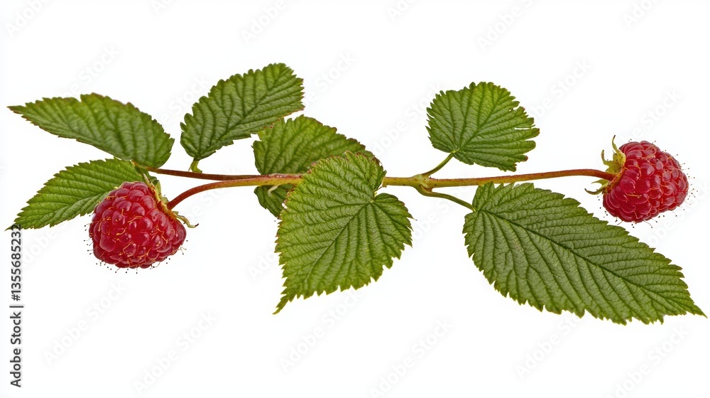 Fresh Ripe Raspberry Berries on a Stem with Green Leaves Isolated on a White Background
