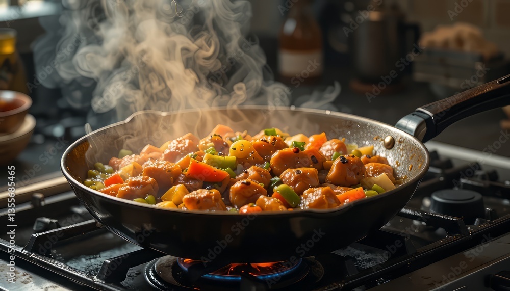 Stir-Fried Colorful Vegetables and Chicken in a Pan Stir-Fried Colorful Vegetables and Chicken in a Pan