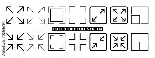 Full and exit full screen icons.  Expand and shrink screen symbol. Arrow mark icons. User interface full screen. Scalability icons in flat stye for web site, UI, mobile app.