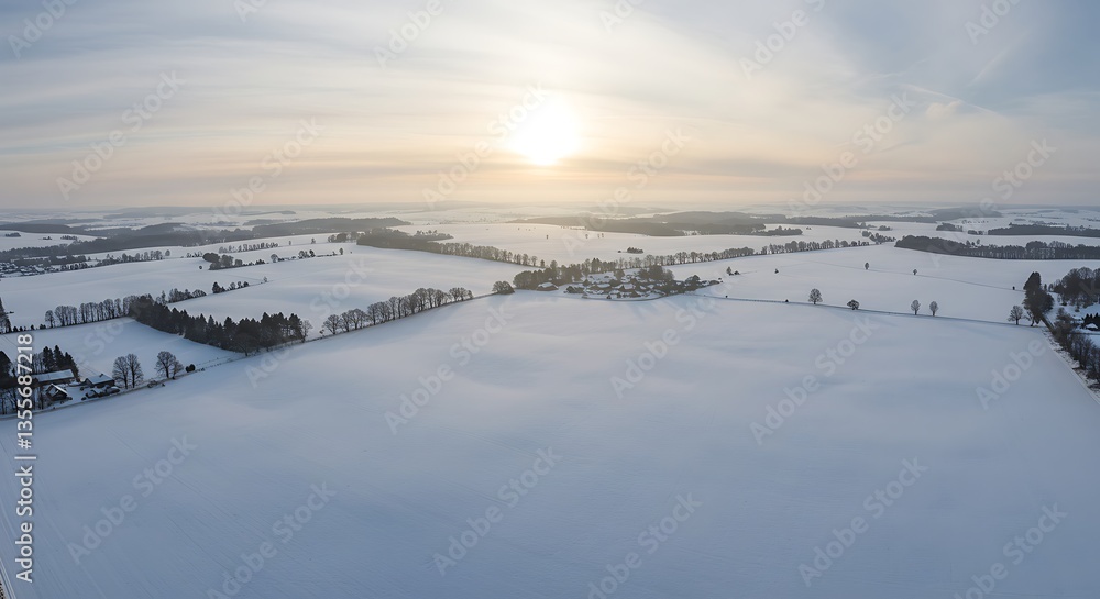 Snowy Fields at Sunrise Aerial View Winter Landscape Scenery Snowy Fields at Sunrise Aerial View Winter Landscape Scenery