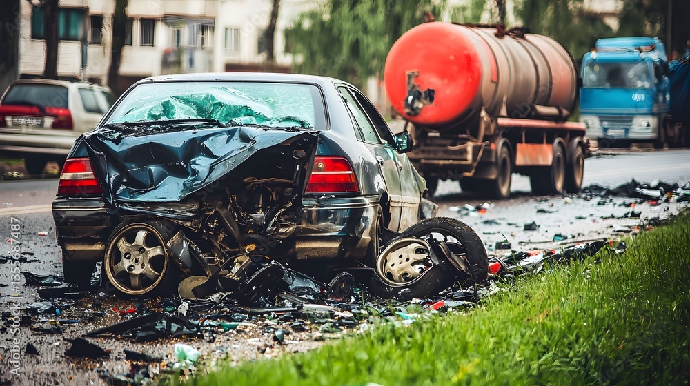 Severely Damaged Car at the Scene of a Traffic Accident on a Busy Urban Road with Debris