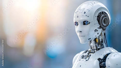 Futuristic Robot Portrait with Blue Eyes in Sleek Metallic Design Against an Urban Background