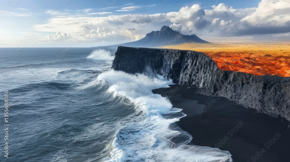 Fototapeta premium Dramatic Ocean Waves Crashing Volcanic Coastline Aerial View