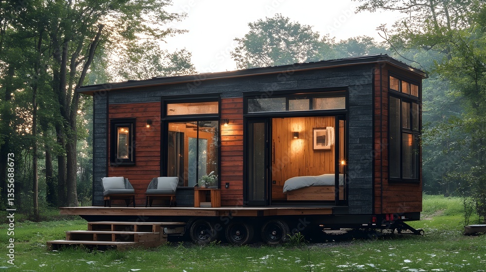 A modern tiny house sits on a grassy lawn led amongst lush green trees du the golden hour. A modern tiny house sits on a grassy lawn led amongst lush green trees du the golden hour.