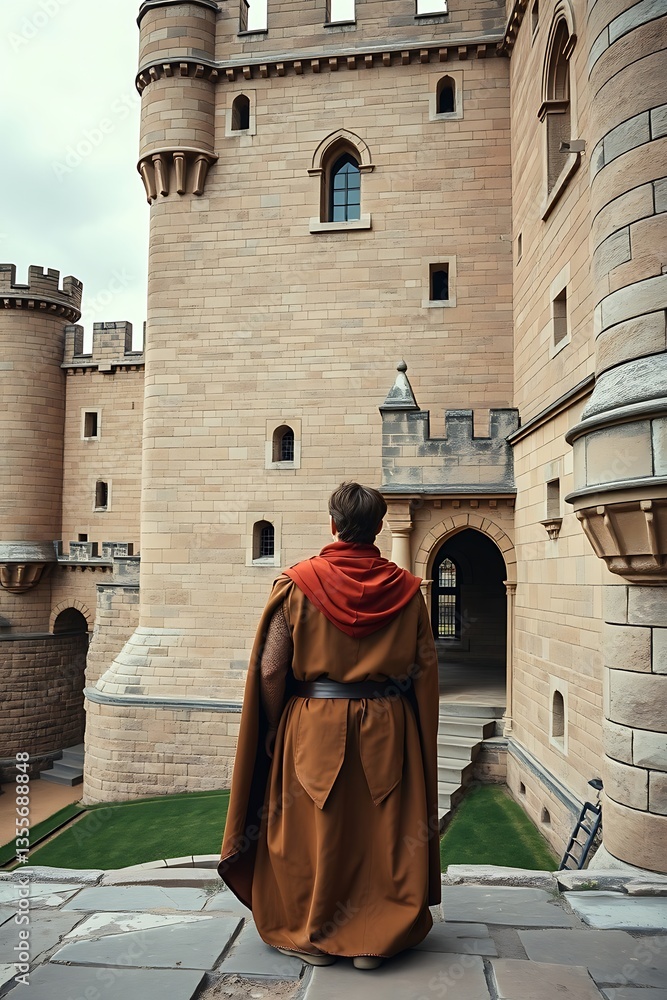 Fototapeta premium Person In Monastic Garb Stands Before A Grand Stone Castle, His Back Turned, Gazing Up At The Architecture With A Sense Of Awe