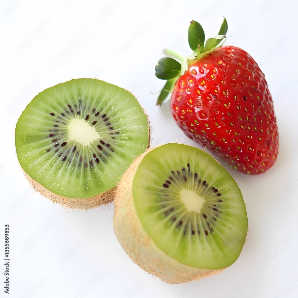 Fototapeta premium high resolution image of two freshly slices of kiwifruit and strawberry on isolated white background 