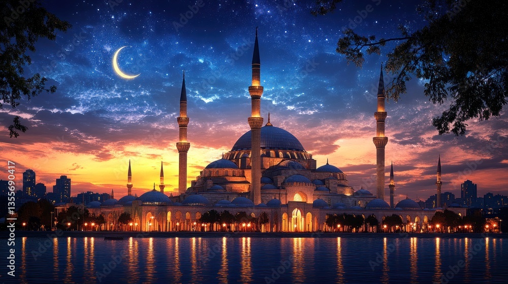 Obraz premium Majestic mosque at sunset, crescent moon, starry sky, reflecting in water.