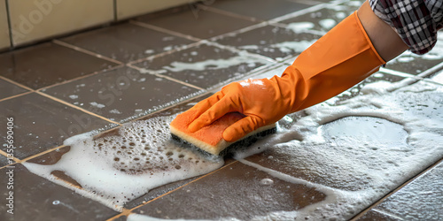 a hand in orange gloves using a scrubbing pad on dirty grout lines between tiles