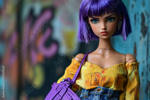 Purple doll with purple purse and yellow shirt in a store