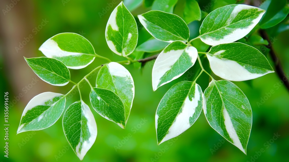 Close-Up of Lush Green Leaves with Variegated Patterns Illuminated by Natural Sunlight Close-Up of Lush Green Leaves with Variegated Patterns Illuminated by Natural Sunlight