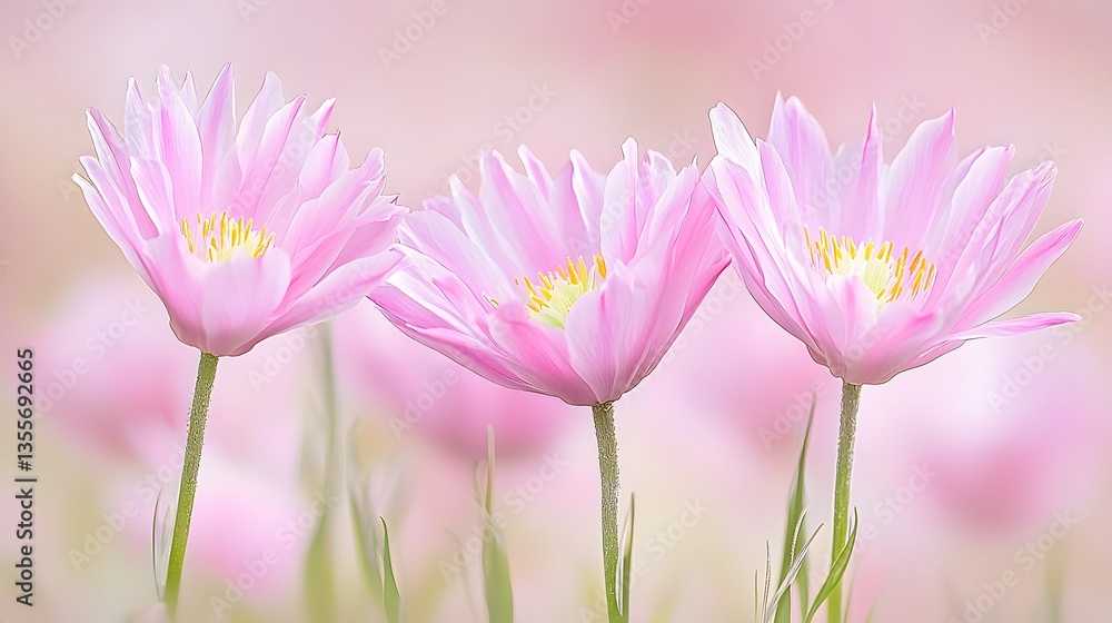 Trio of Delicate Pink Flowers Blooming in a Soft Pastel Garden Setting with Gentle Light Trio of Delicate Pink Flowers Blooming in a Soft Pastel Garden Setting with Gentle Light