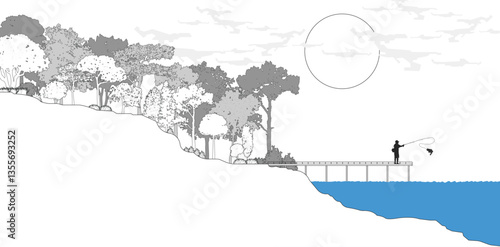 Cad tree line minimal style, set of graphics trees elements outline symbol for architecture and landscape design drawing. Vector illustration.