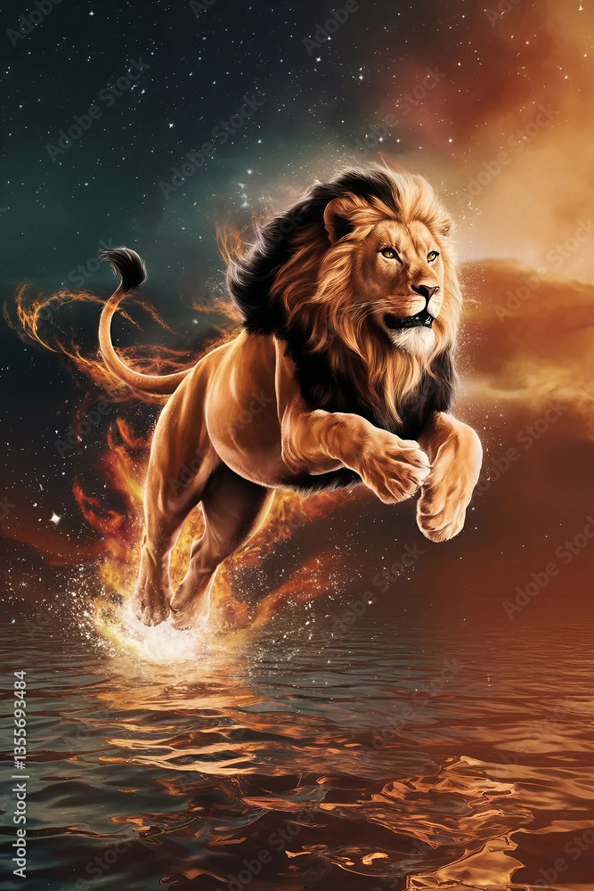 Lion jumping in the water with fire and stars on the background Lion jumping in the water with fire and stars on the background