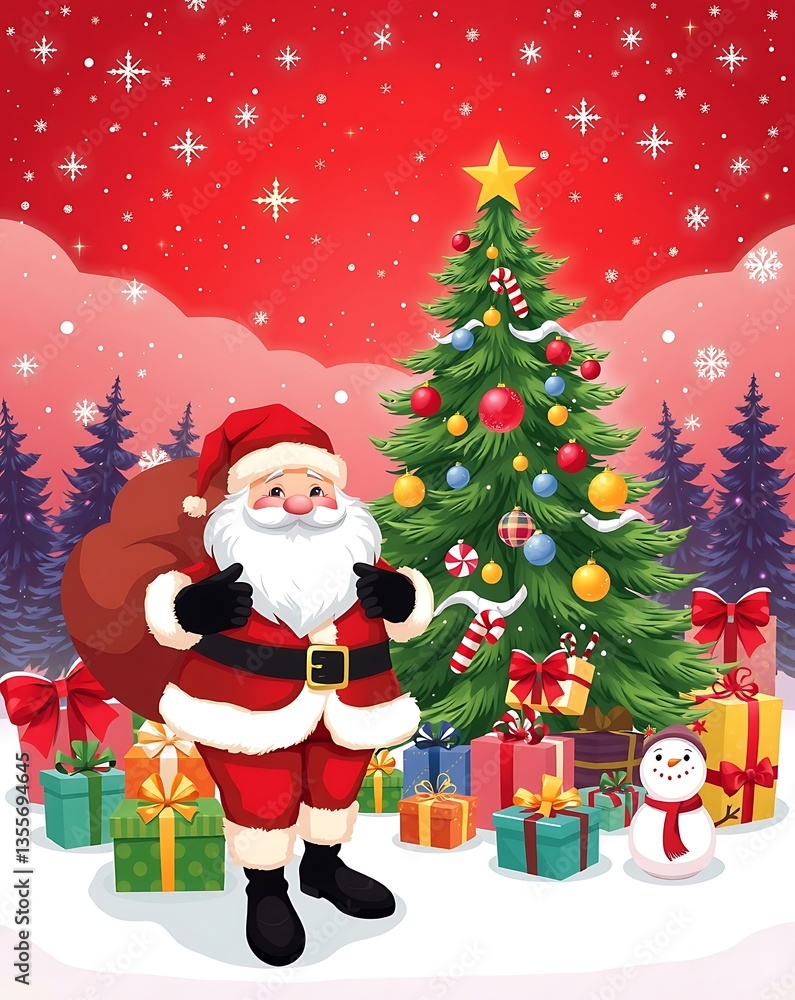 Santa Claus with Gifts, Christmas Celebration Scene, Festive Holiday Illustration, Merry Christmas Vector - Santa with Presents and Holiday Decorations, Christmas Cheer Santa Claus Holding Background Santa Claus with Gifts, Christmas Celebration Scene, Festive Holiday Illustration, Merry Christmas Vector - Santa with Presents and Holiday Decorations, Christmas Cheer Santa Claus Holding Background